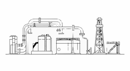 Obraz premium Industrial oil refinery plant with pipelines and towers illustration.