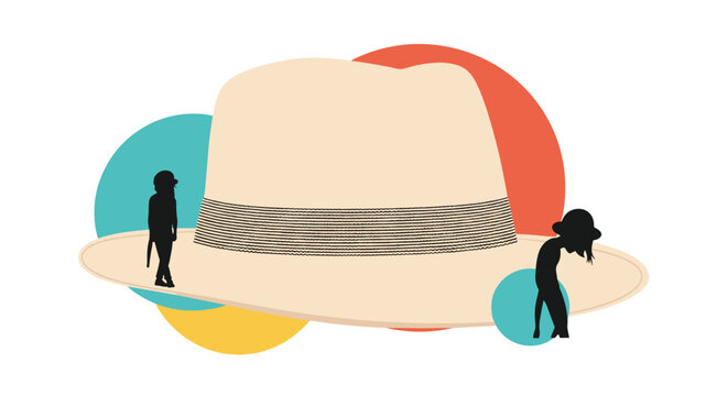 Stylish wide brimmed straw hat decorated with colorful geometric circles and silhouettes of people under a bright summer sun.