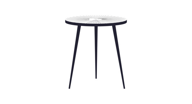 Minimalist black side table with three slender legs and a round top featuring a subtle geometric pattern, isolated on white.