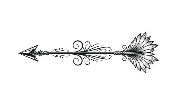 Ornate black and white arrow illustration featuring decorative scrolls and feathered fletching, designed in a classical vintage style.