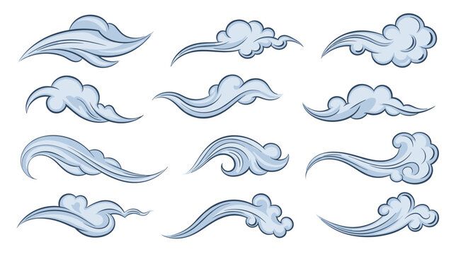 Multiple sets of stylized blue clouds or wave patterns in various flowing shapes, rendered in a traditional East Asian artistic style.
