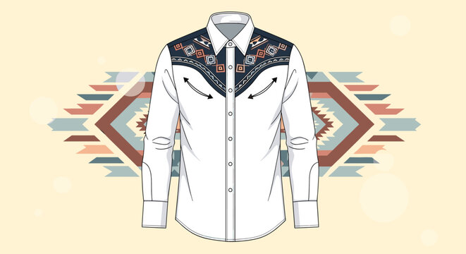 Western style white long-sleeve shirt with ornate embroidery on the yoke and pockets, set against a matching tribal pattern background.