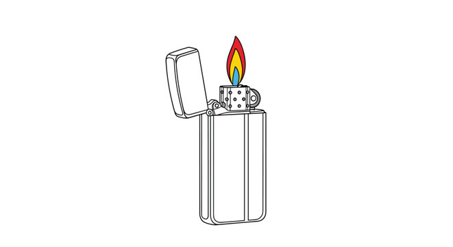 Classic metal flip-style lighter with a burning flame in vibrant colors, presented as a clean vector graphic on a white background.