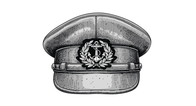 Vintage-style engraved illustration of a classic nautical captain's hat featuring a detailed anchor and laurel wreath emblem.