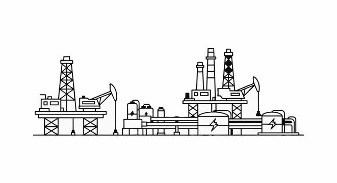 Industrial oil rig and refinery complex illustration.
