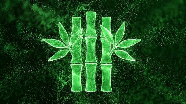 Thousands of tiny green particles assembling into bamboo icon shape, particles flowing organically, forming leaves and stalks, dark background with light glow, cinematic camera zoom, smooth simulation