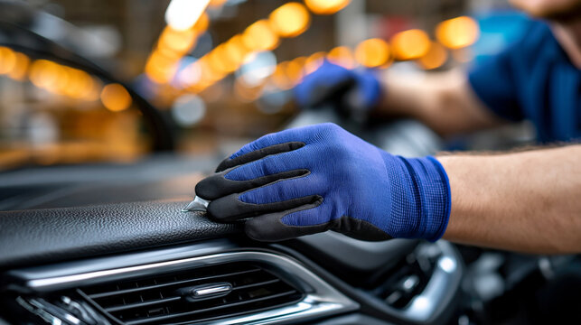 Elderly automotive line worker hand-fitting a dashboard trim panel inside a car interior under warm assembly booth lighting, ergonomic gloves visible as fingers align the snap clips precisely, ideal