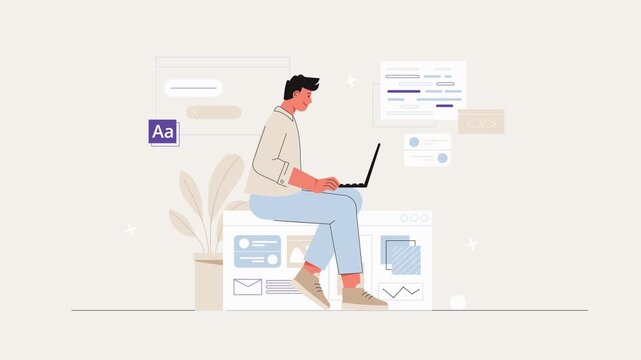 Man sitting on box working on laptop with illustrations around him in office