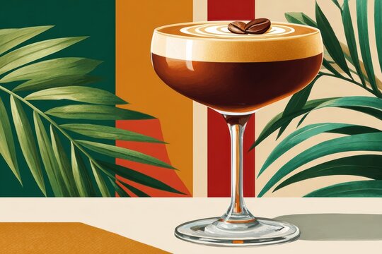 Elegant espresso martini cocktail in a coupe glass with tropical leaves and retro colors