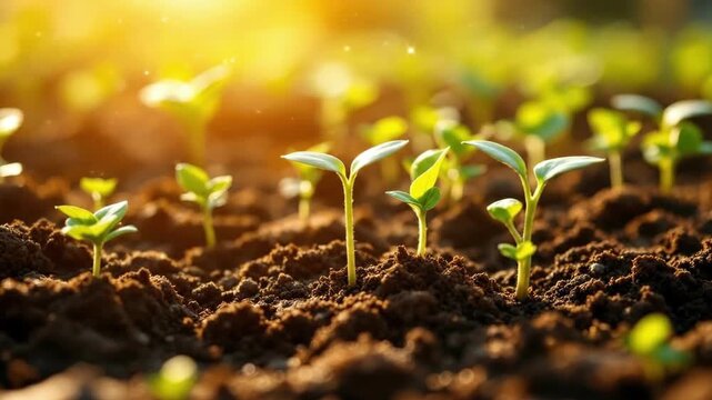 Sunlit young green seedlings in rich soil during golden hour