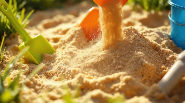 Colorful sand toys in sunlit sandbox with green shovel and orange spade
