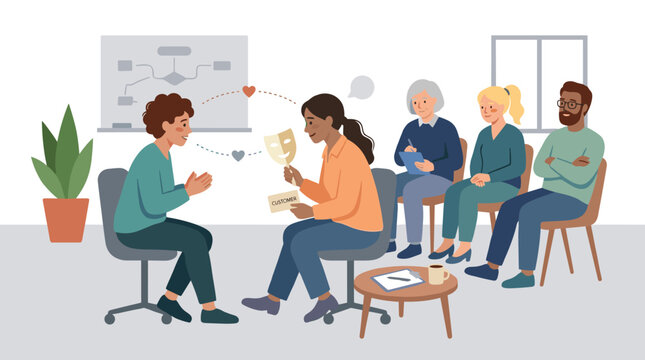 Therapist leading group counseling session with clients.