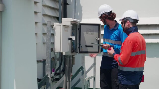 Team engineer inspect electrical control panel using tablet checking voltage, system connection and industrial infrastructure, technician working maintenance and testing circuits, power distribution.