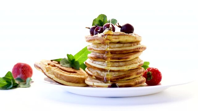Homemade pancakes with strawberries and honey on a clean white background