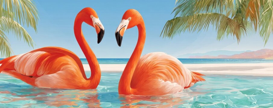 Two pink flamingos floating in tropical shallow water by a palm‑fringed sandy beach