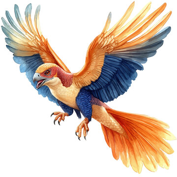 Microraptor, elegant watercolor illustration luminous highlights, isolated on a white background.
