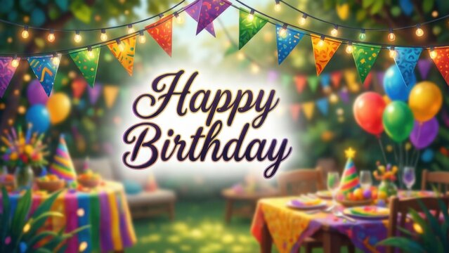 Birthday garden party or Brazilian june party, illustration with garland of lights, party flags, blurred background happy birthday party white background