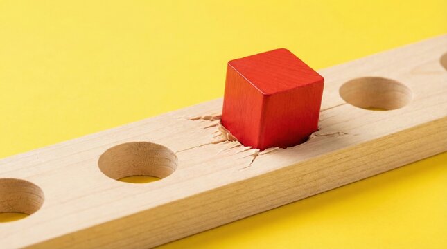 Conceptual image of a red square block forced into a round hole on a wooden plank against yellow background