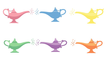 Collection of colorful magic genie lamps releasing magical smoke, isolated on white background © Reynand
