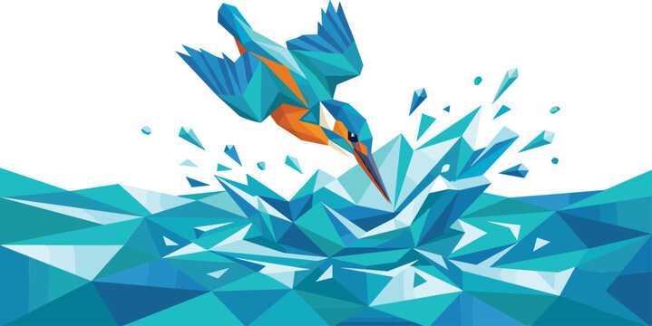 Geometric kingfisher bird diving into water, polygonal splash motion, vibrant blue and orange feathers, abstract modern wildlife illustration