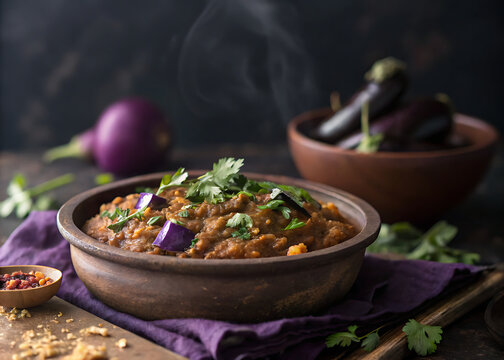 Baingan bharta smoky eggplant curry  moody background