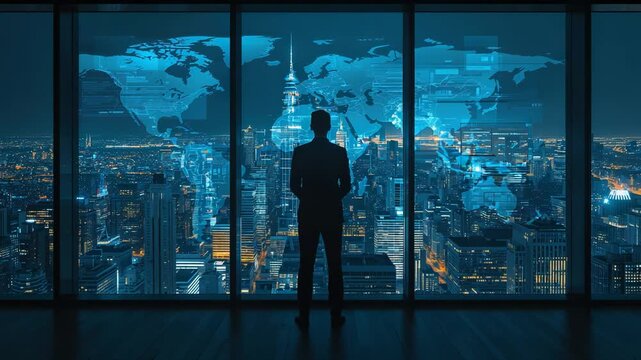 Business executive silhouette overlooking illuminated city skyline through office windows with digital world map and global data network