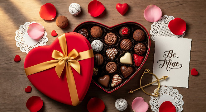 Heart shaped chocolate box and gift with rose petals and be mine card on a wooden surface top view ai generated