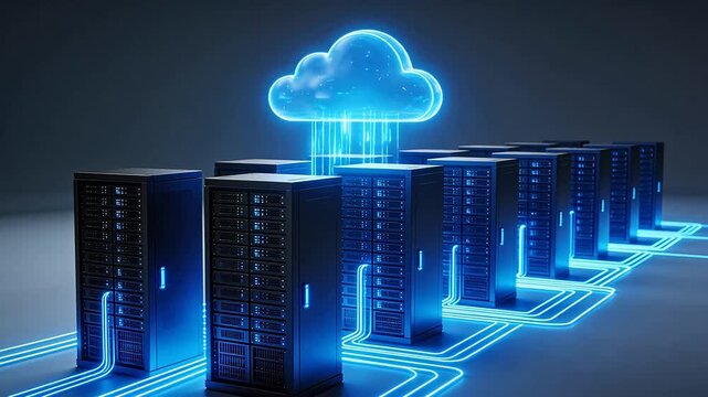 Cloud computing server racks with glowing connections