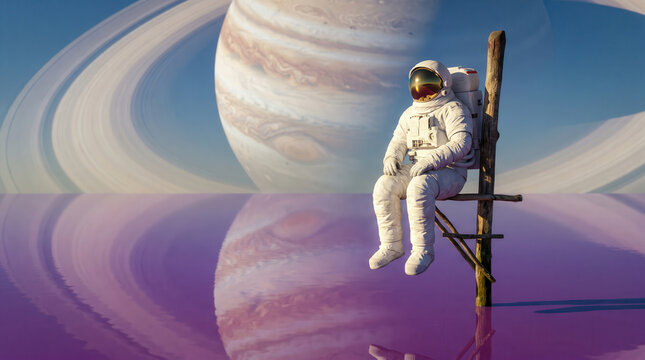 Astronaut sitting on traditional fishing stilt in alien landscape.