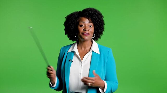 smiling african american woman holding pointer stick against green screen background. female presenter in blue blazer. news broadcast, weather forecast, education.