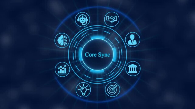 Core sync digital interface: rotating business and data analytics hud for corporate technology presentations
