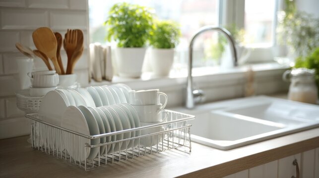 Clean dishes and cups drying on rack beside bright kitchen sink with plants