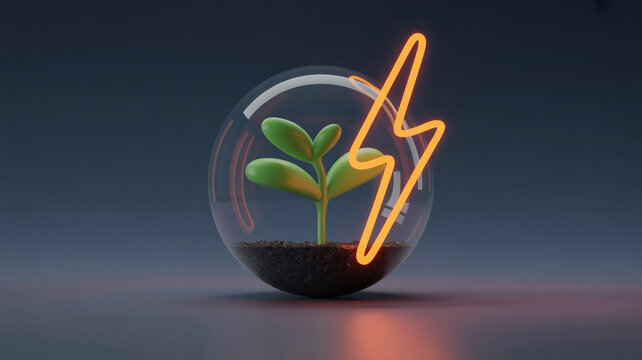 Green energy plant growing inside a protective glass dome with a lightning bolt