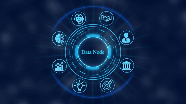 Data node digital interface with rotating business and network connectivity hud for tech and corporate analytics