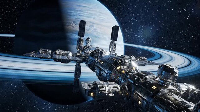 Futuristic space station orbiting a gas giant planet with saturn-like rings, sci-fi animation futuristic spacecraft