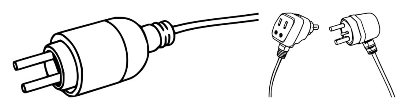 Power plug set with black line art on white background featuring electrical outlet, cord, plug icon with minimalist lines and illustration