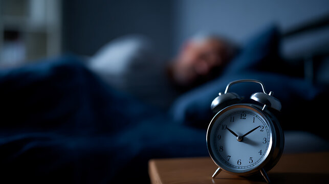 Alarm Clock on Nightstand with Person Asleep in Bed, Depicting Rest, Routine, and the Start of a New Day in a Tranquil Setting