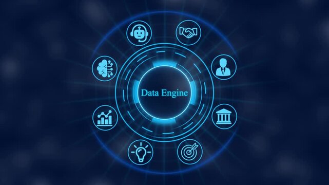 Data engine interface with animated digital for business intelligence, artificial intelligence, and analytics