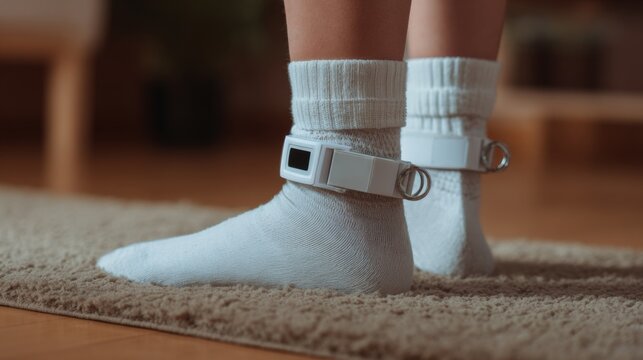 Person wearing electronic ankle monitor at home with white socks on carpet