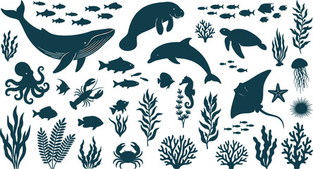 Professional Marine Life Silhouette Set Featuring Whale, Dolphin, Sea Turtle, Octopus, and Coral Reef Elements for Ocean Conservation and Wildlife Graphic DesignsProfessional Marine Life Silhouette Se © Sonjoy
