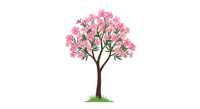 Blooming Pink Oleander Tree with Green Leaves and Grass Isolated on White Background Illustration