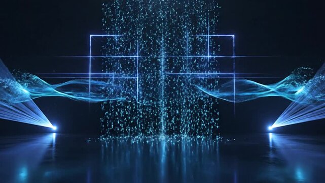 Abstract blue neon lights and grid forming futuristic digital data stream in a high-tech visualization.