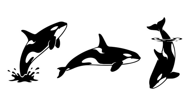 Orcas leaping swimming and diving against a white studio background. Bold black silhouettes create a graphic playful composition.