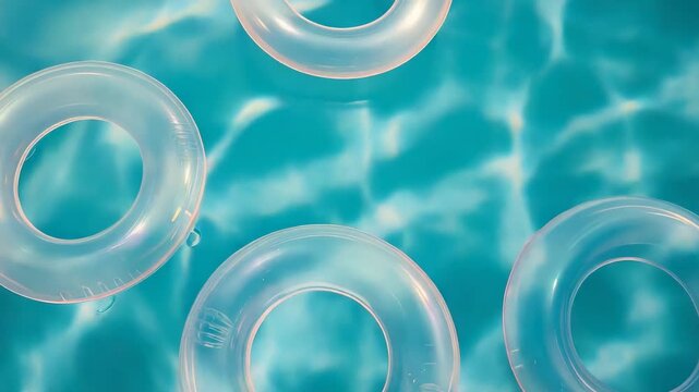 Transparent Inflatable Swim Rings Floating On Bright Turquoise Blue Pool Water Surface With Sunlight Caustics And Reflections