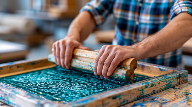 Textile screen printing worker pulling squeegee across fabric on flat press table, vivid teal ink spreading over floral stencil, registration marks visible, ideal for fabric printing, artisan textil