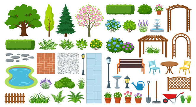 Garden elements set vector illustration with trees shrubs and furniture