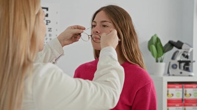 Two women in optician exam room, clinician adjusts glasses on patient's face in clinic building; trust care.