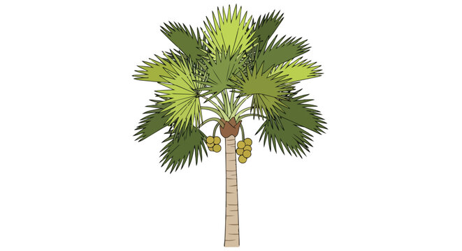 Tropical fan palm tree illustration with lush green leaves and fruit bunches isolated on white background