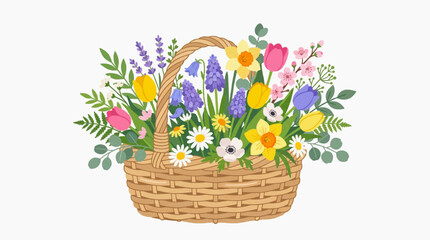 Obraz premium Spring Flower Basket with Tulips Daffodils and Wildflowers Flat 2D Illustration for Mother's Day