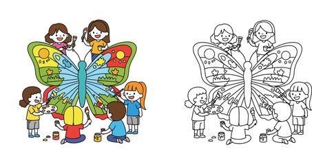 Naklejka premium Children's Creative Butterfly Art: Happy Kids Painting a Giant Colorful Butterfly Together